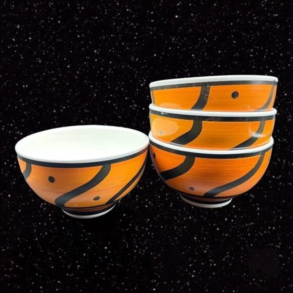 Pier 1 Hand Painted ITALY Orange & Black Cereal Bowl Set 4 Pcs Ceramic 3”T 5.5”W